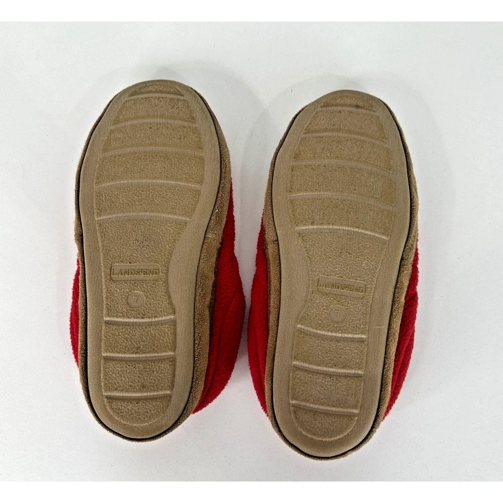 Lands End Kids Fleece Leather Hard‎ Bottom Slippers Red Youth Adolescent Kids 7